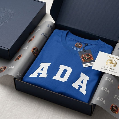 ADA College Varsity Typography Graphic T-Shirt - Premium Cotton Crew Neck Streetwear Tee in Black, Blue