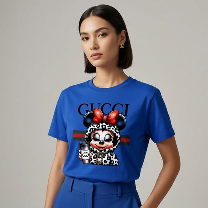 Minnie Mouse in Leopard Hoodie holding Coffee Cup Graphic T-Shirt - White Unisex Cotton Fashion Parody Streetwear Tee