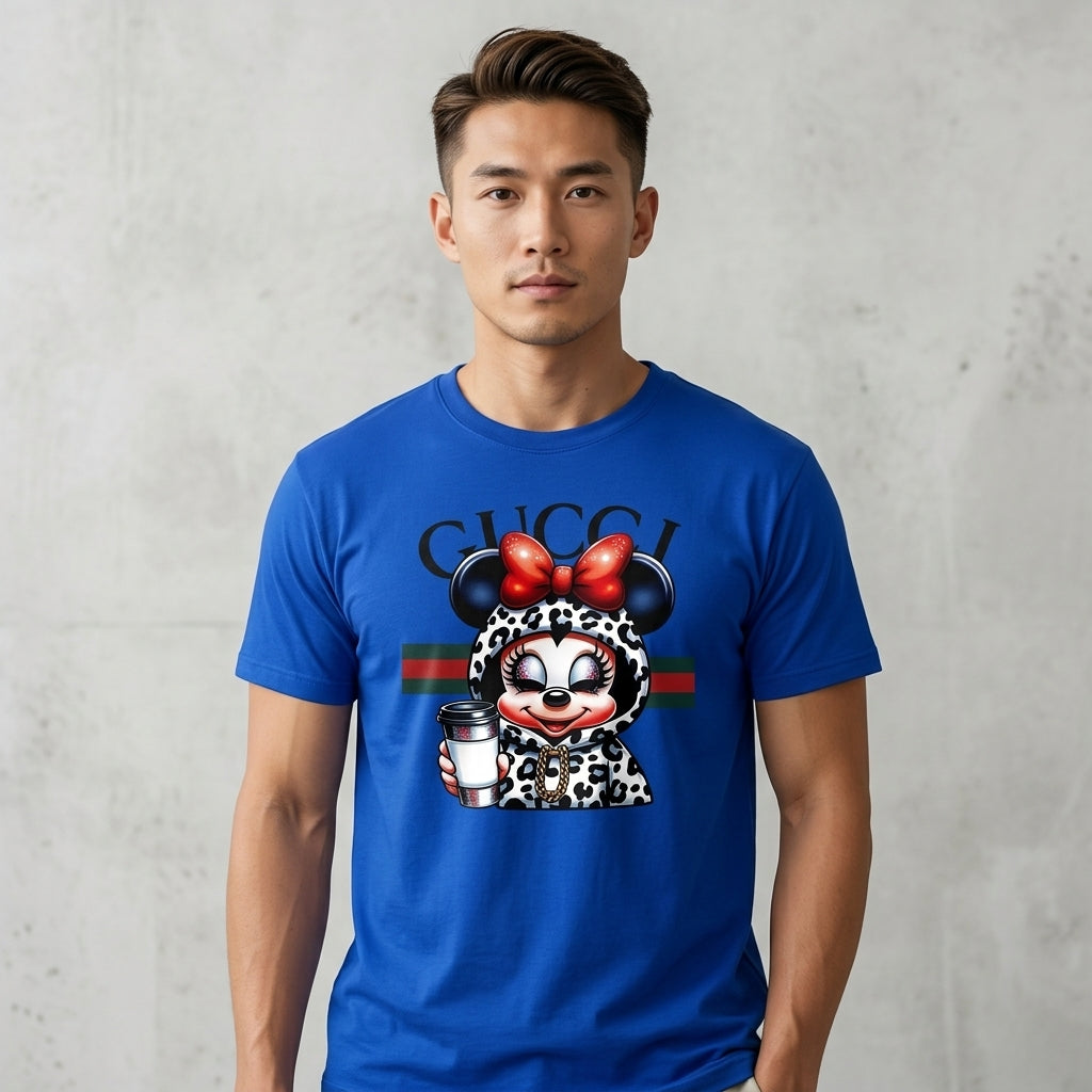 Minnie Mouse in Leopard Hoodie holding Coffee Cup Graphic T-Shirt - White Unisex Cotton Fashion Parody Streetwear Tee
