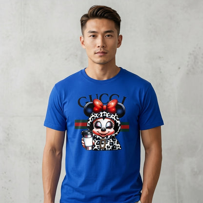Minnie Mouse in Leopard Hoodie holding Coffee Cup Graphic T-Shirt - White Unisex Cotton Fashion Parody Streetwear Tee