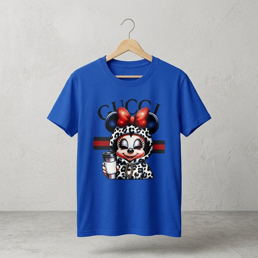 Minnie Mouse in Leopard Hoodie holding Coffee Cup Graphic T-Shirt - White Unisex Cotton Fashion Parody Streetwear Tee