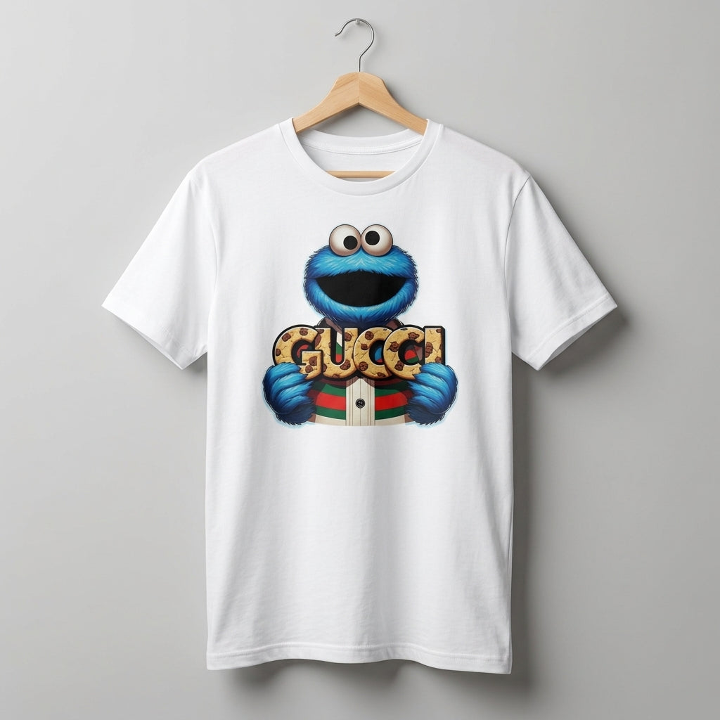 Funny Cookie Monster holding GUCCI Biscuits Graphic T-Shirt - Unisex Cotton Streetwear Tee (Blue, Black, White | XS to 4XL)