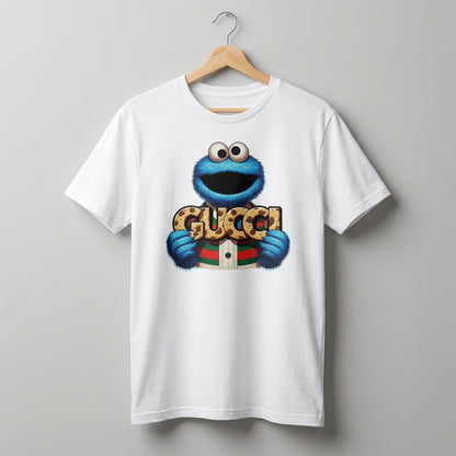 Funny Cookie Monster holding GUCCI Biscuits Graphic T-Shirt - Unisex Cotton Streetwear Tee (Blue, Black, White | XS to 4XL)