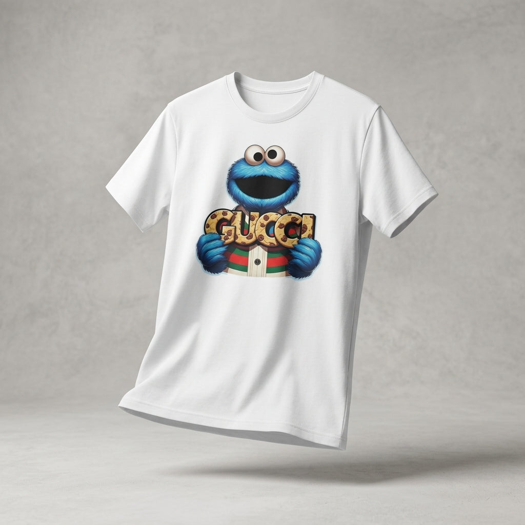 Funny Cookie Monster holding GUCCI Biscuits Graphic T-Shirt - Unisex Cotton Streetwear Tee (Blue, Black, White | XS to 4XL)