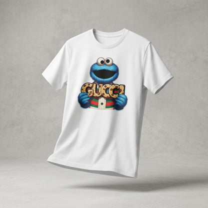 Funny Cookie Monster holding GUCCI Biscuits Graphic T-Shirt - Unisex Cotton Streetwear Tee (Blue, Black, White | XS to 4XL)