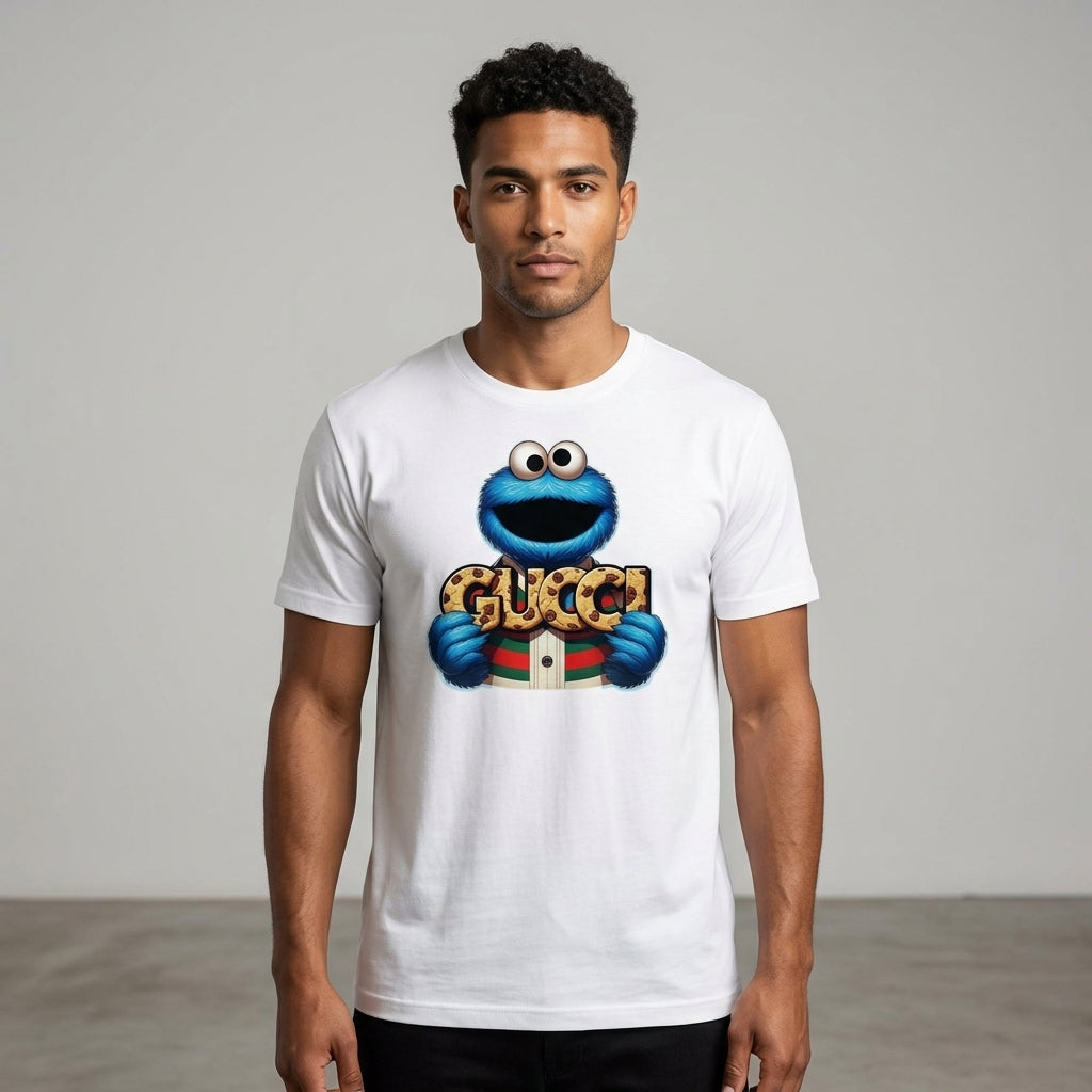 Funny Cookie Monster holding GUCCI Biscuits Graphic T-Shirt - Unisex Cotton Streetwear Tee (Blue, Black, White | XS to 4XL)