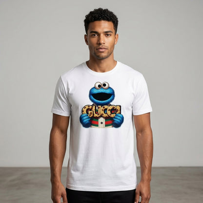 Funny Cookie Monster holding GUCCI Biscuits Graphic T-Shirt - Unisex Cotton Streetwear Tee (Blue, Black, White | XS to 4XL)