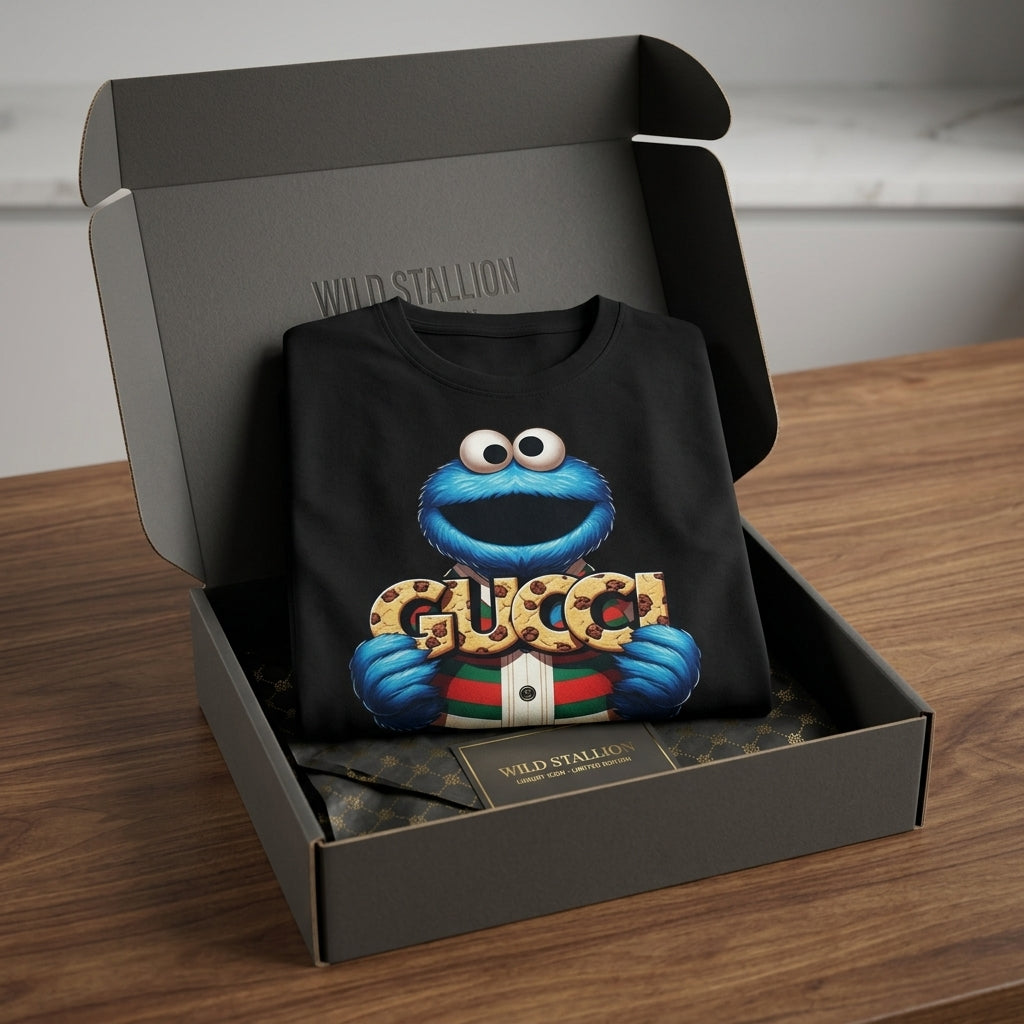 Funny Cookie Monster holding GUCCI Biscuits Graphic T-Shirt - Unisex Cotton Streetwear Tee (Blue, Black, White | XS to 4XL)