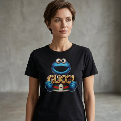 Funny Cookie Monster holding GUCCI Biscuits Graphic T-Shirt - Unisex Cotton Streetwear Tee (Blue, Black, White | XS to 4XL)
