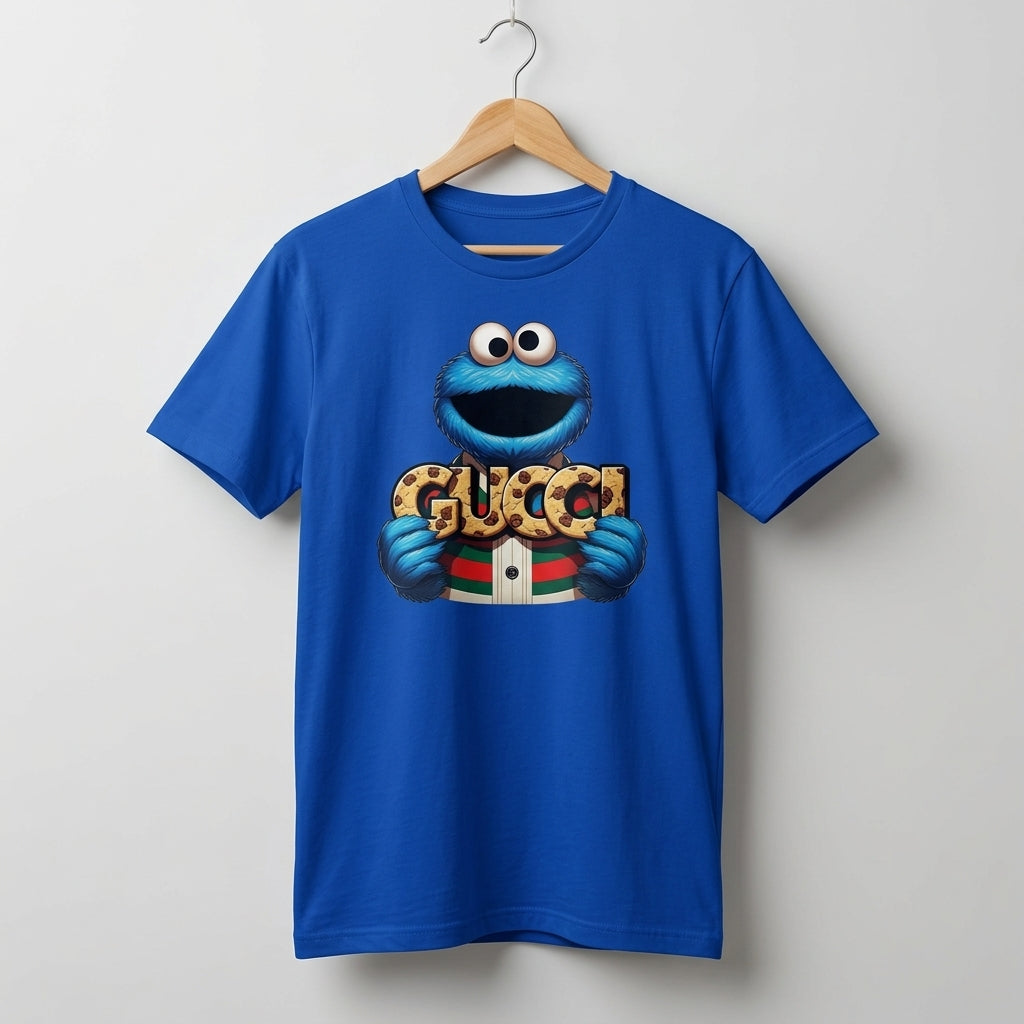Funny Cookie Monster holding GUCCI Biscuits Graphic T-Shirt - Unisex Cotton Streetwear Tee (Blue, Black, White | XS to 4XL)