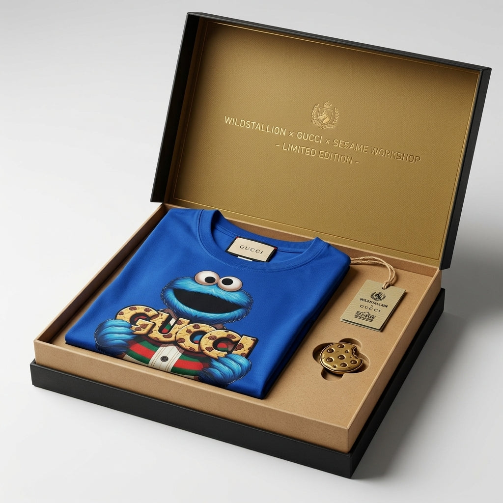 Funny Cookie Monster holding GUCCI Biscuits Graphic T-Shirt - Unisex Cotton Streetwear Tee (Blue, Black, White | XS to 4XL)
