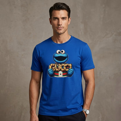 Funny Cookie Monster holding GUCCI Biscuits Graphic T-Shirt - Unisex Cotton Streetwear Tee (Blue, Black, White | XS to 4XL)