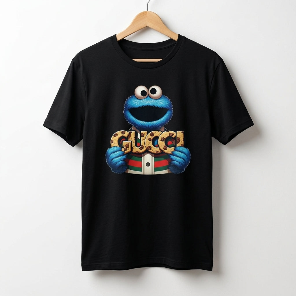Funny Cookie Monster holding GUCCI Biscuits Graphic T-Shirt - Unisex Cotton Streetwear Tee (Blue, Black, White | XS to 4XL)