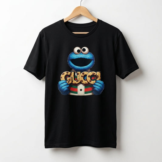 Funny Cookie Monster holding GUCCI Biscuits Graphic T-Shirt - Unisex Cotton Streetwear Tee (Blue, Black, White | XS to 4XL)