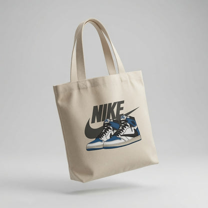 Blue & White High-Top Graphic Canvas Tote Bag - Reverse Swoosh Streetwear Shoulder Bag
