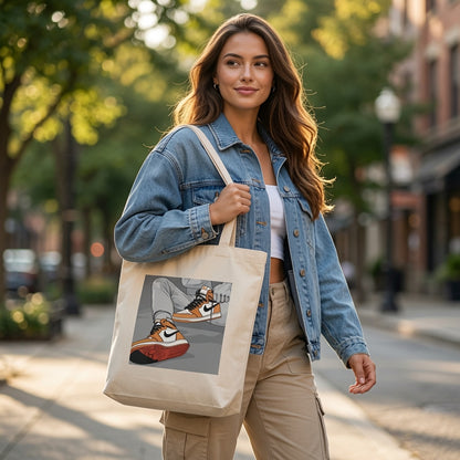 Orange High-Top Sneaker Illustrated Graphic Canvas Tote Bag - Anime Style Streetwear Shoulder Bag
