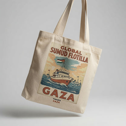 Global Sumud Flotilla Gaza Vintage Art Canvas Tote Bag - Retro Solidarity Handbag
