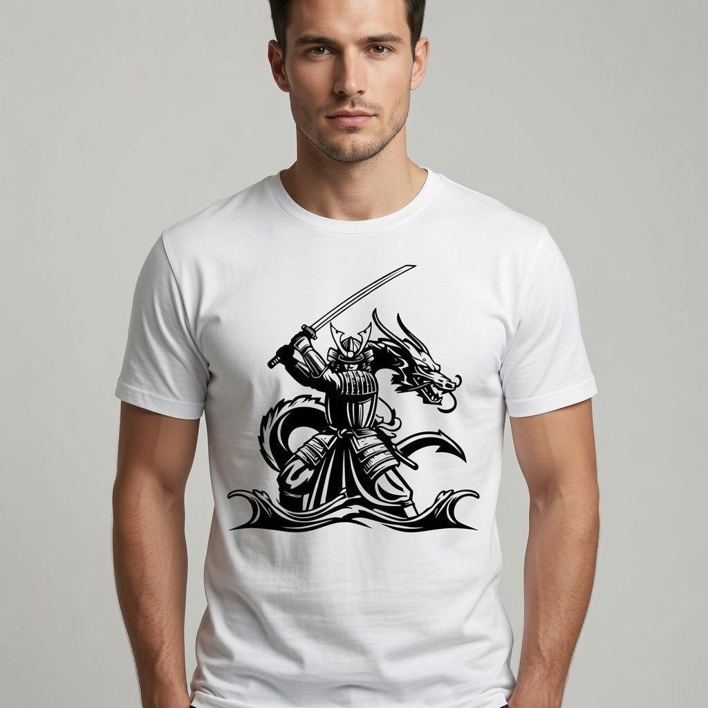 Samurai Dragon T-Shirt Japanese Katana Graphic Tee White
