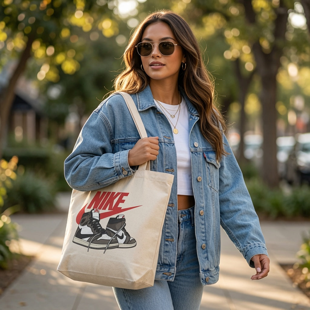 Retro Mocha High-Top Sneaker Pair Red Nike Swoosh Cotton Canvas Tote Bag