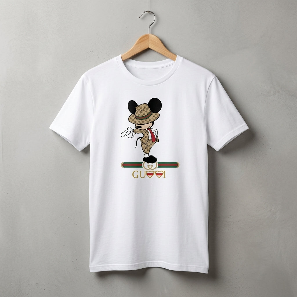 Mickey Mouse in Luxury Monogram Suit & Hat Graphic T-Shirt - White Unisex Cotton Fashion Parody Streetwear Tee