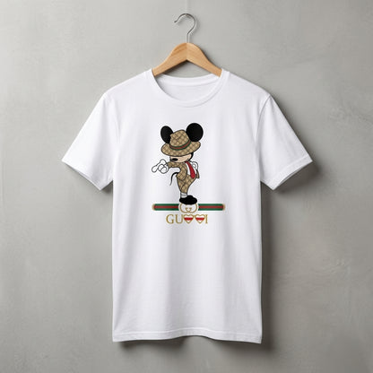 Mickey Mouse in Luxury Monogram Suit & Hat Graphic T-Shirt - White Unisex Cotton Fashion Parody Streetwear Tee