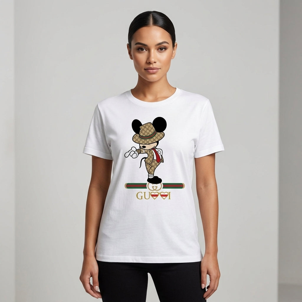Mickey Mouse in Luxury Monogram Suit & Hat Graphic T-Shirt - White Unisex Cotton Fashion Parody Streetwear Tee