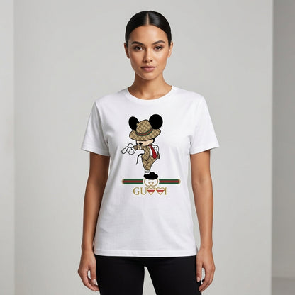 Mickey Mouse in Luxury Monogram Suit & Hat Graphic T-Shirt - White Unisex Cotton Fashion Parody Streetwear Tee