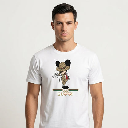 Mickey Mouse in Luxury Monogram Suit & Hat Graphic T-Shirt - White Unisex Cotton Fashion Parody Streetwear Tee