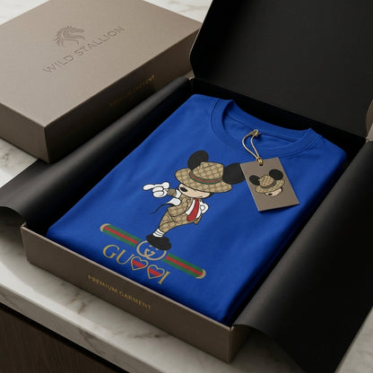 Mickey Mouse in Luxury Monogram Suit & Hat Graphic T-Shirt - White Unisex Cotton Fashion Parody Streetwear Tee