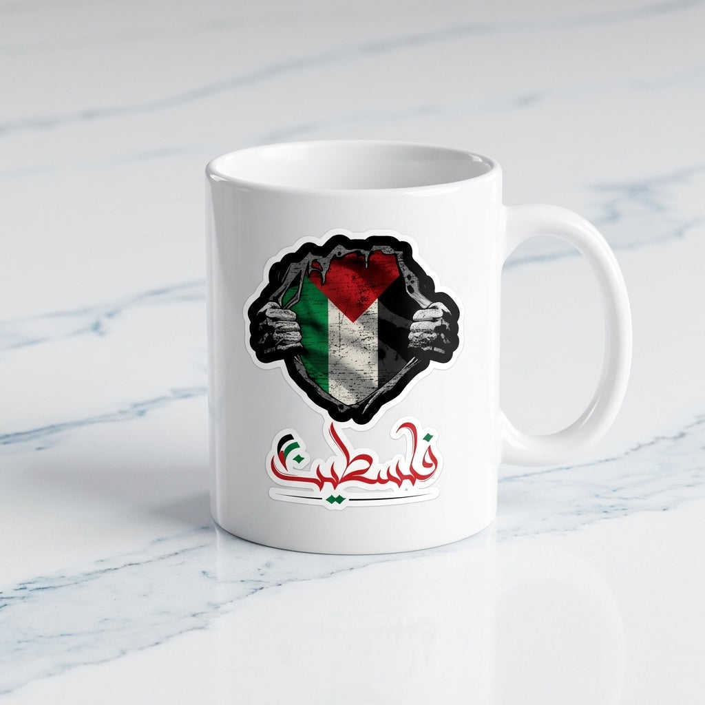 Palestine Flag Inside Ripped Chest Arabic Calligraphy Ceramic Cup – High-Quality Printed Tea & Coffee Drinkware
