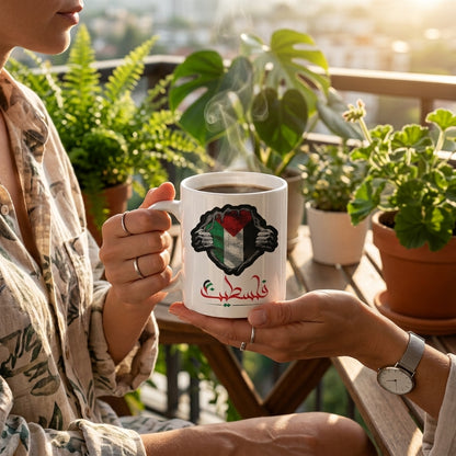 Palestine Flag Inside Ripped Chest Arabic Calligraphy Ceramic Cup – High-Quality Printed Tea & Coffee Drinkware