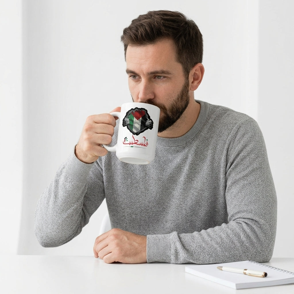 Palestine Flag Inside Ripped Chest Arabic Calligraphy Ceramic Cup – High-Quality Printed Tea & Coffee Drinkware