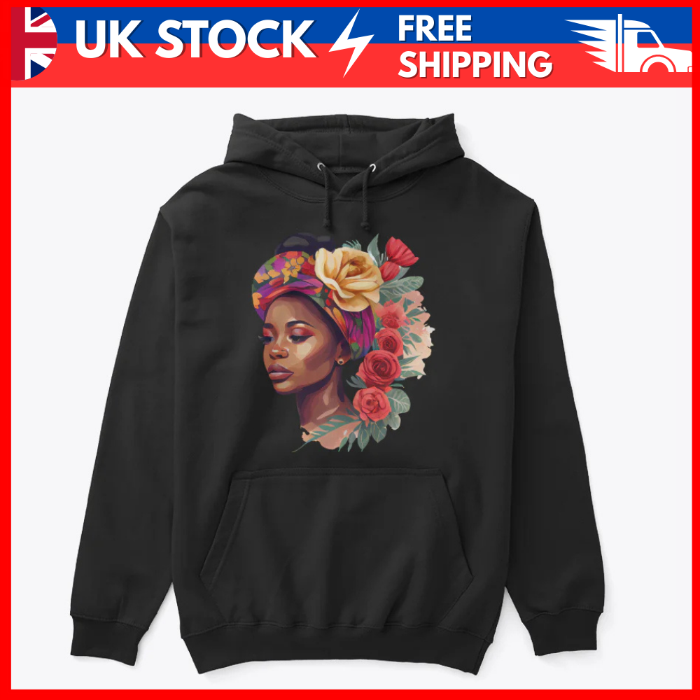 Floral Queen Graphic Hoodie – Illustrated Portrait Premium Black Pullover