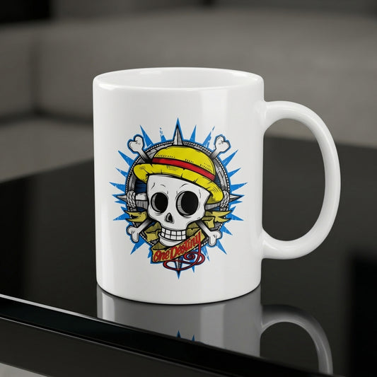 One Piece Luffy Straw Hat Skull Jolly Roger White Ceramic Cup - Anime Graphic Coffee Cup (11oz)