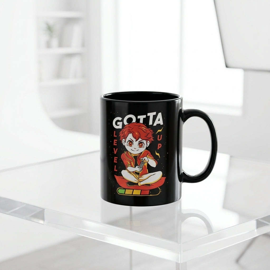 Gotta Level Up Anime Gamer Character Black Ceramic Coffee Mug 11oz Premium Gaming Cup Gift for Gamers