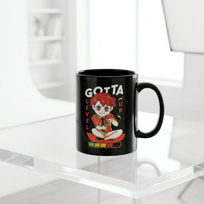 Gotta Level Up Anime Gamer Character Black Ceramic Coffee Mug 11oz Premium Gaming Cup Gift for Gamers