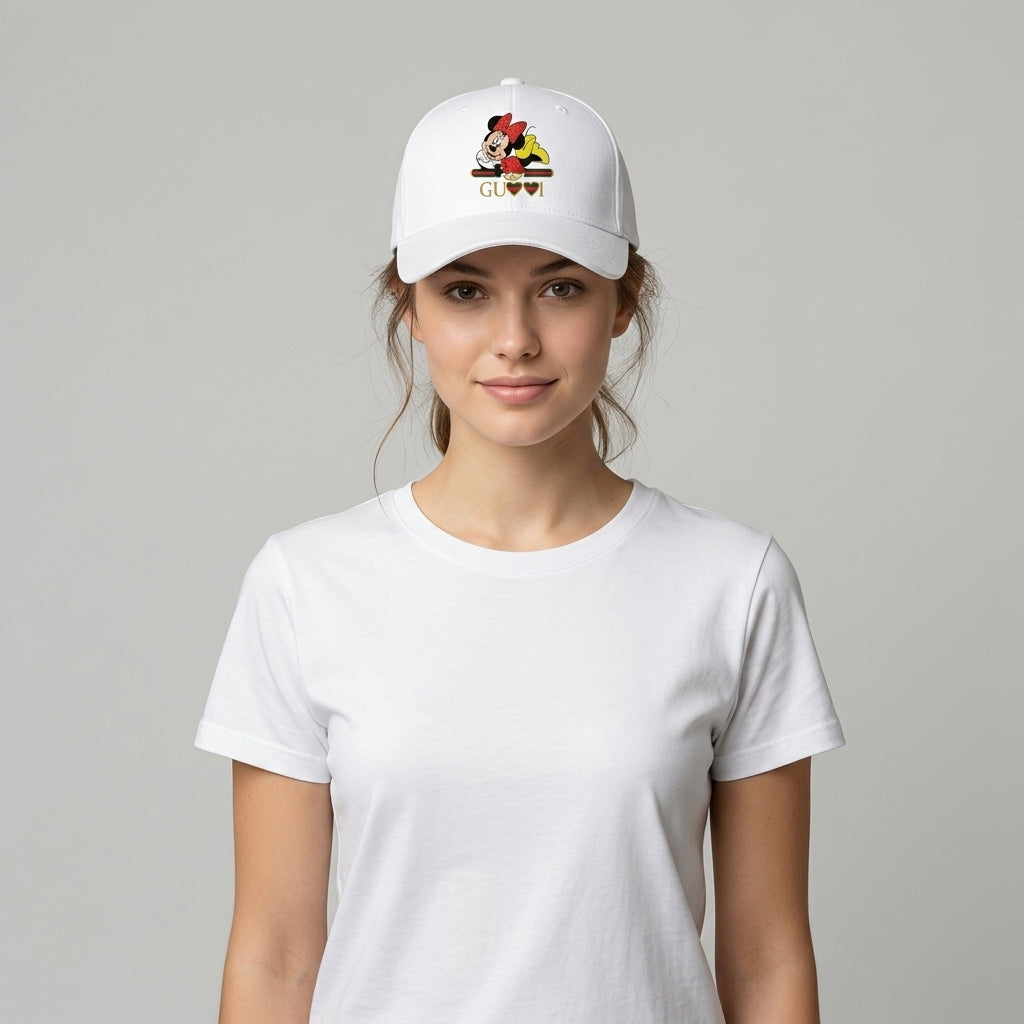 Minnie Mouse Designer Heart Graphic Baseball Cap - Luxury Cartoon Cap (White)
