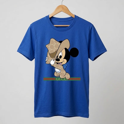 Mickey Mouse in Luxury Monogram Cowboy Outfit Graphic T-Shirt - White Unisex Cotton Streetwear Parody Tee
