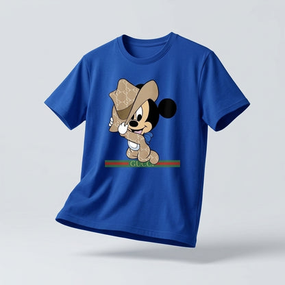 Mickey Mouse in Luxury Monogram Cowboy Outfit Graphic T-Shirt - White Unisex Cotton Streetwear Parody Tee