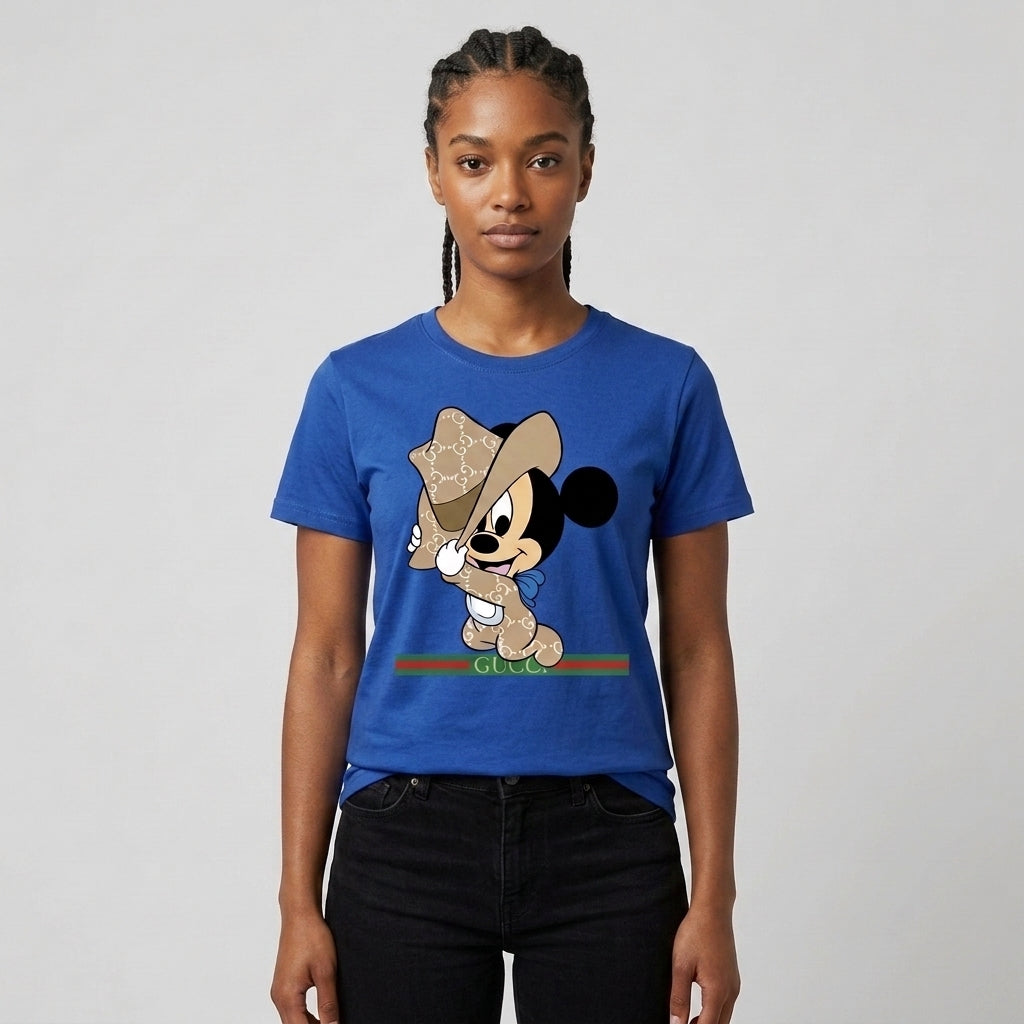 Mickey Mouse in Luxury Monogram Cowboy Outfit Graphic T-Shirt - White Unisex Cotton Streetwear Parody Tee