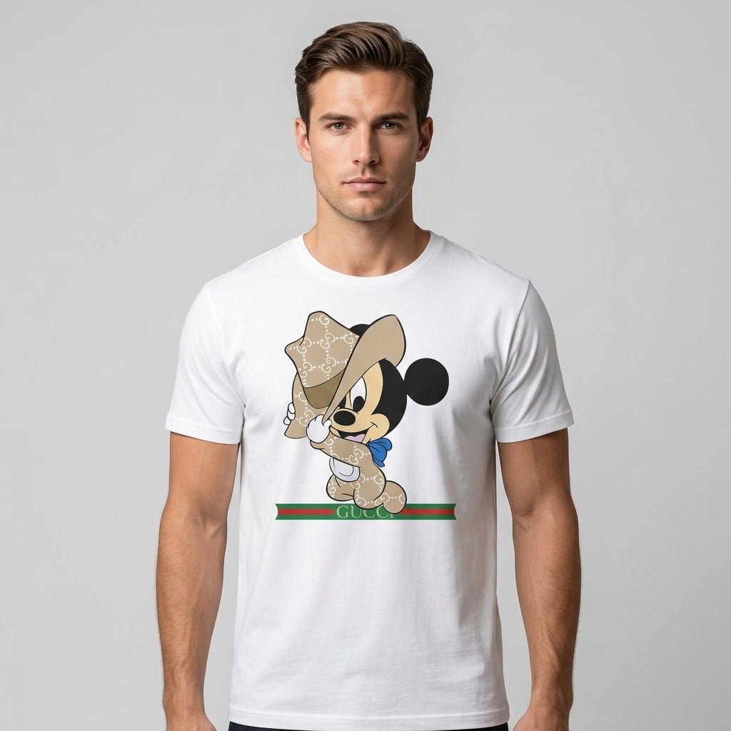 Mickey Mouse in Luxury Monogram Cowboy Outfit Graphic T-Shirt - White Unisex Cotton Streetwear Parody Tee