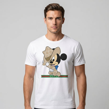 Mickey Mouse in Luxury Monogram Cowboy Outfit Graphic T-Shirt - White Unisex Cotton Streetwear Parody Tee