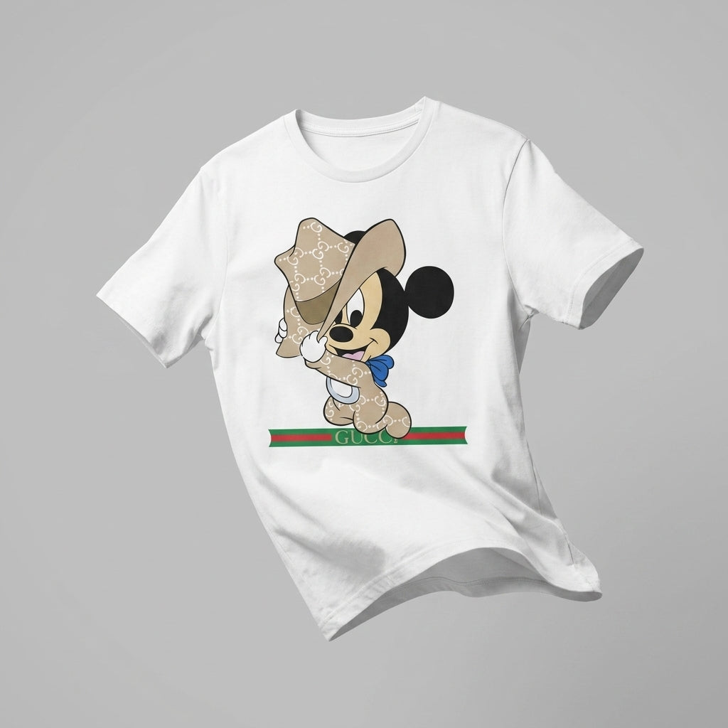Mickey Mouse in Luxury Monogram Cowboy Outfit Graphic T-Shirt - White Unisex Cotton Streetwear Parody Tee