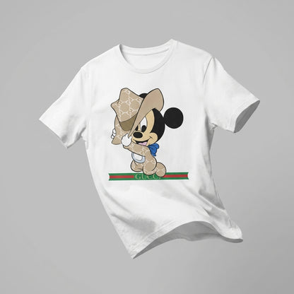Mickey Mouse in Luxury Monogram Cowboy Outfit Graphic T-Shirt - White Unisex Cotton Streetwear Parody Tee