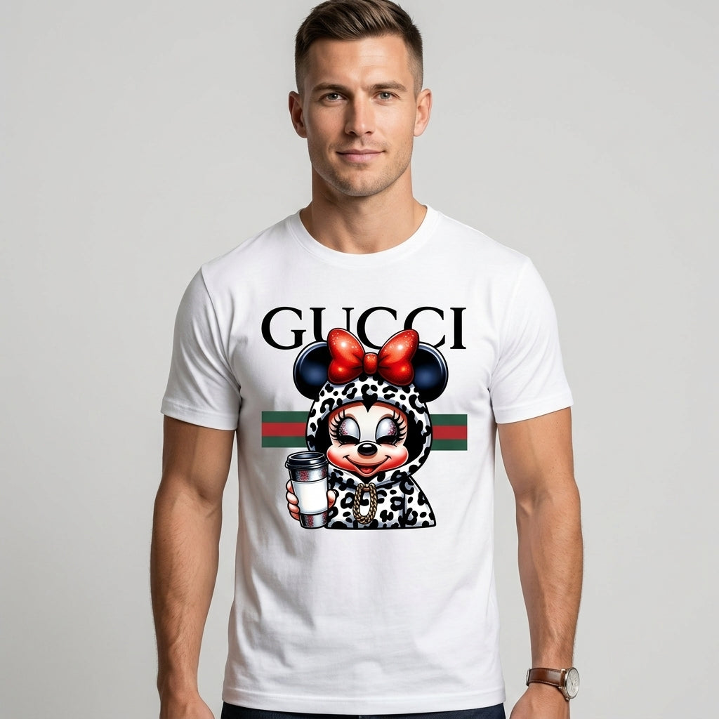 Minnie Mouse in Leopard Hoodie holding Coffee Cup Graphic T-Shirt - White Unisex Cotton Fashion Parody Streetwear Tee