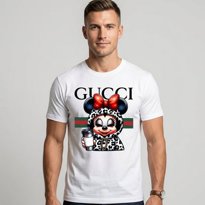 Minnie Mouse in Leopard Hoodie holding Coffee Cup Graphic T-Shirt - White Unisex Cotton Fashion Parody Streetwear Tee