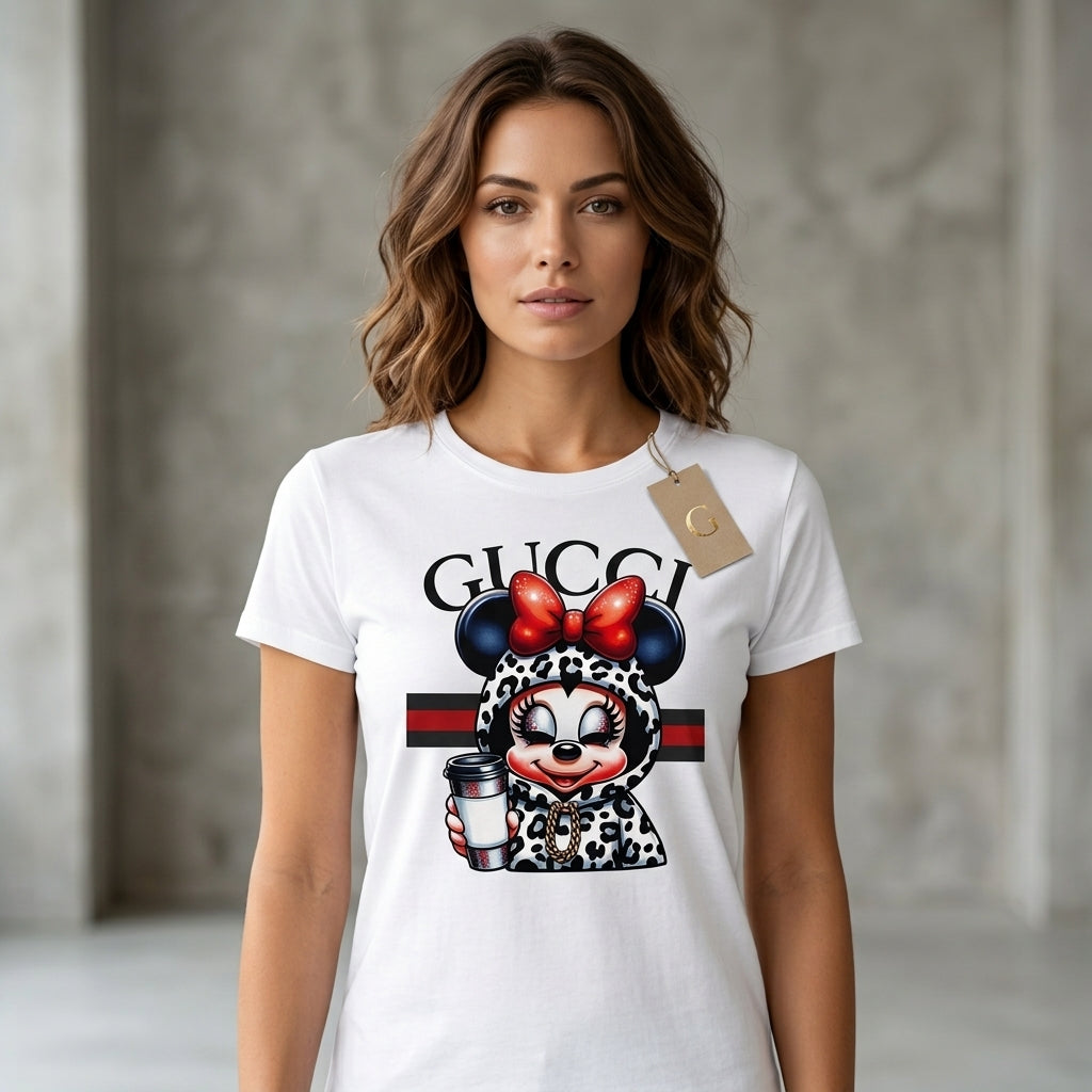 Minnie Mouse in Leopard Hoodie holding Coffee Cup Graphic T-Shirt - White Unisex Cotton Fashion Parody Streetwear Tee
