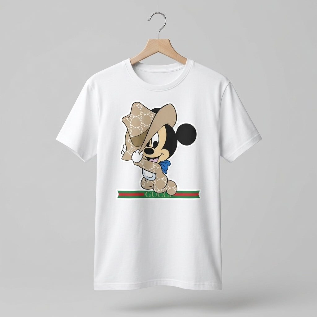 Mickey Mouse in Luxury Monogram Cowboy Outfit Graphic T-Shirt - White Unisex Cotton Streetwear Parody Tee