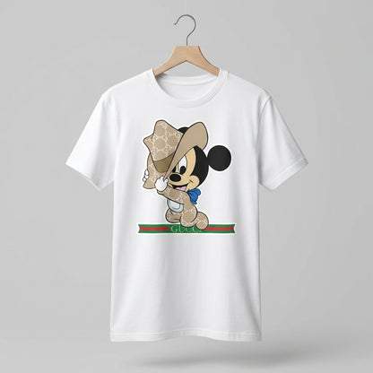 Mickey Mouse in Luxury Monogram Cowboy Outfit Graphic T-Shirt - White Unisex Cotton Streetwear Parody Tee
