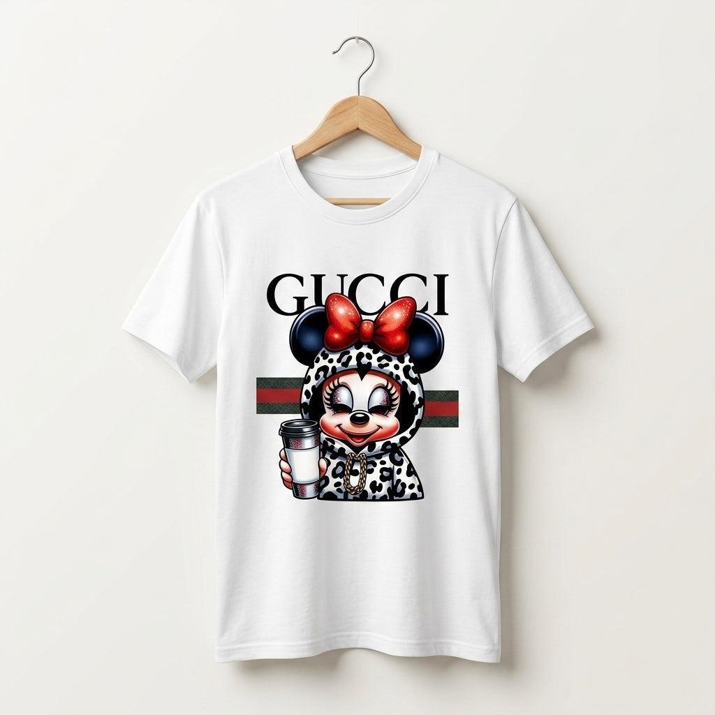 Minnie Mouse in Leopard Hoodie holding Coffee Cup Graphic T-Shirt - White Unisex Cotton Fashion Parody Streetwear Tee
